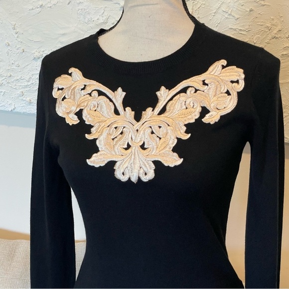 Ted Baker Slinda Metallic Floral Embroidery Cashmere Silk Black Sweater Sz 0 - Picture 8 of 8